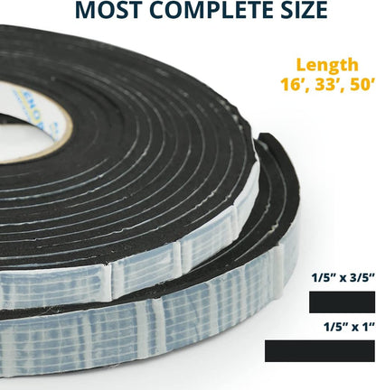 Alenor EPDM Black Foam Insulation Tape Self Adhesive 1/8"x1" x 50' Ft –Pack of 1- Weather Stripping for Doors & Windows,Soundproofing,Door Seal,Weatherstrip,Pipe Cooling,Air Conditioning Seal Strip