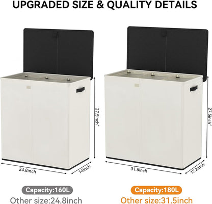 WOWLIVE Laundry Hamper with Lid,160L Large Laundry Basket 3 Section with Removable Washing Bags,Collapsible Waterproof Dirty Clothes Hamper for Laundry Room Bathroom Dorm,Beige
