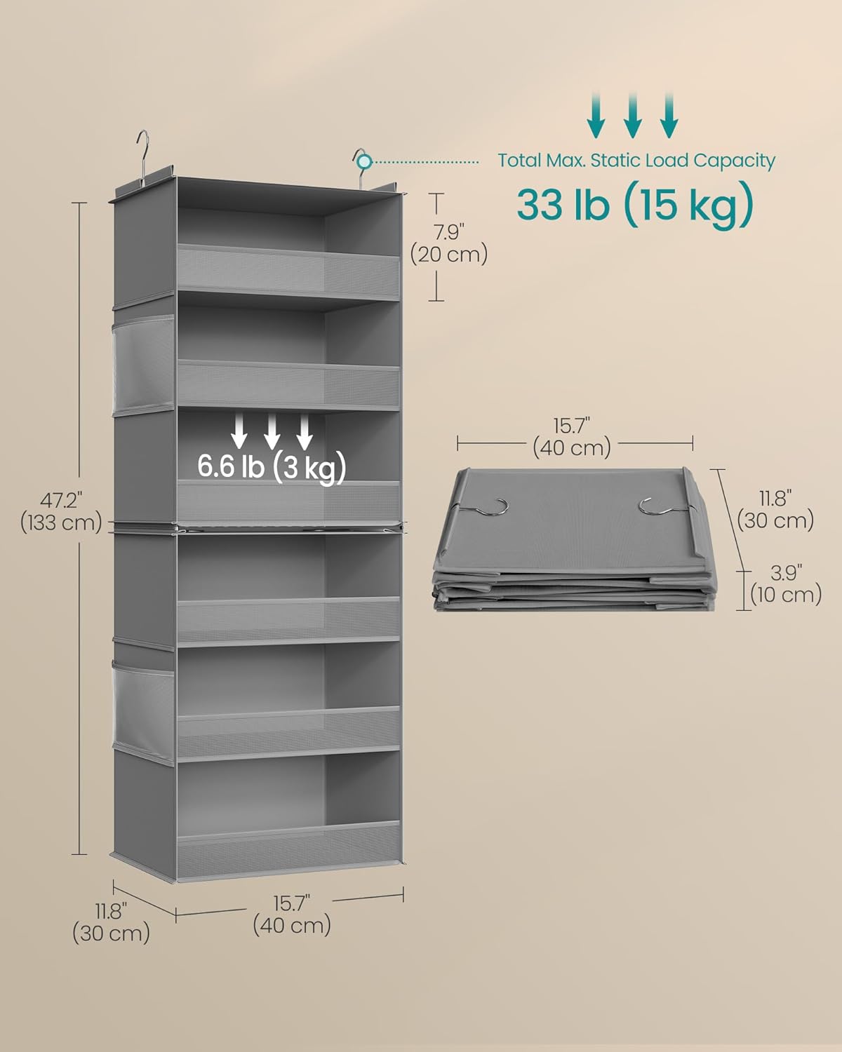 SONGMICS Hanging Closet Organizer, 6-Tier Fabric Storage Shelf, Separable Closet Hanging Shelf with Side Pockets, Foldable, Metal Hooks and Bamboo Inserts, Dove Gray URCH007G01