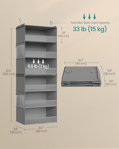 SONGMICS Hanging Closet Organizer, 6-Tier Fabric Storage Shelf, Separable Closet Hanging Shelf with Side Pockets, Foldable, Metal Hooks and Bamboo Inserts, Dove Gray URCH007G01