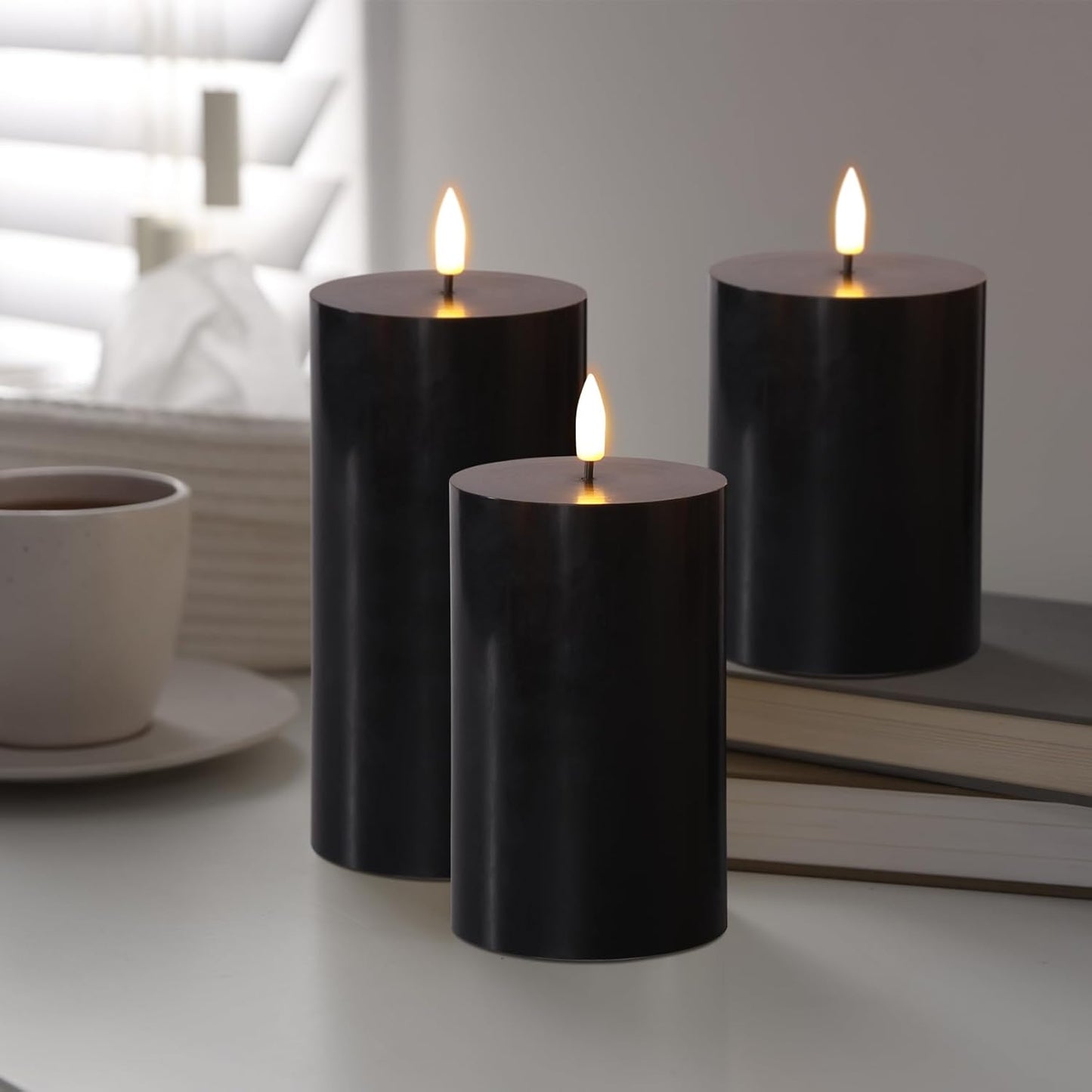 Black Flameless Pillar Candles with Remote, Flickering LED Wax Candles Battery Operated Set of 3