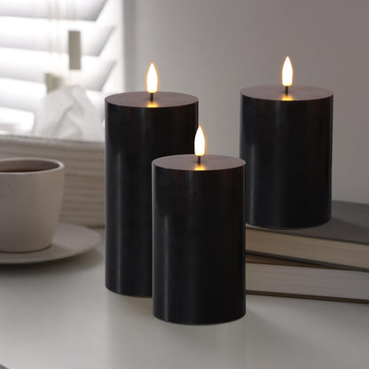 Black Flameless Pillar Candles with Remote, Flickering LED Wax Candles Battery Operated Set of 3