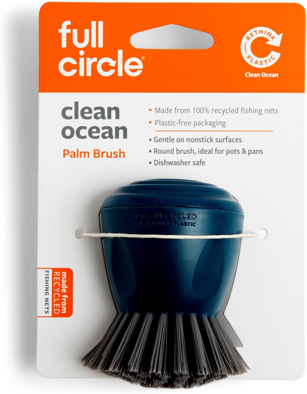 Full Circle Clean Ocean, Heavy Duty Dish Brush, Tough Bristles and Built-in Scraper, Perfect for Cast Iron, Sustainably Made 100% From Recycled Ghost Fishing Nets