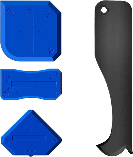4-Piece Silicone Caulking Tool Set - Sealant Finishing Scraper Kit with Flexible Plastic Scrapers for Kitchen Bathroom Sink Floor Grout Removal (Blue)