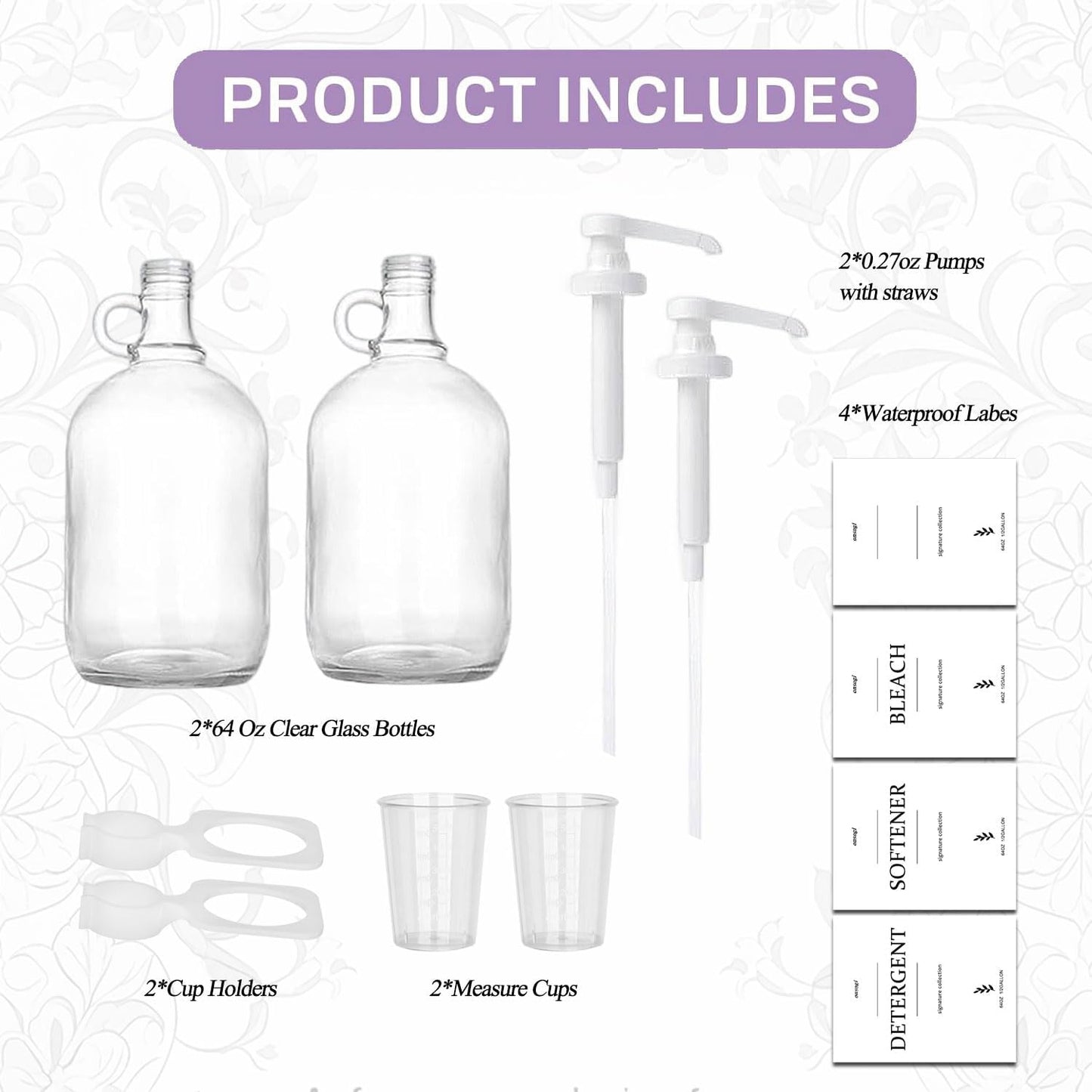 2 Pcs Glass Liquid Laundry Detergent Dispenser with Cup Holders, Half Gallon Dispenser for Laundry Room (64 oz. Each), Laundry Detergent Bottles with Pump Dispenser -Includes Labels, Measuring Cups