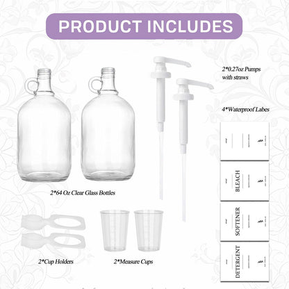 2 Pcs Glass Liquid Laundry Detergent Dispenser with Cup Holders, Half Gallon Dispenser for Laundry Room (64 oz. Each), Laundry Detergent Bottles with Pump Dispenser -Includes Labels, Measuring Cups