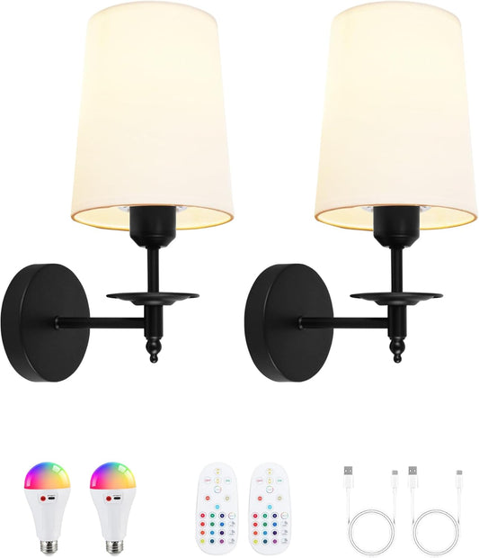 Battery Operated Wall Sconces Set of Two, Wireless Wall Sconces with Remote Control, 3CCT Dimmable Rechargeable Wall Lights, Black Wall Lamps for Bedroom, Living Room, RGB Bulbs Included, ETL Listed