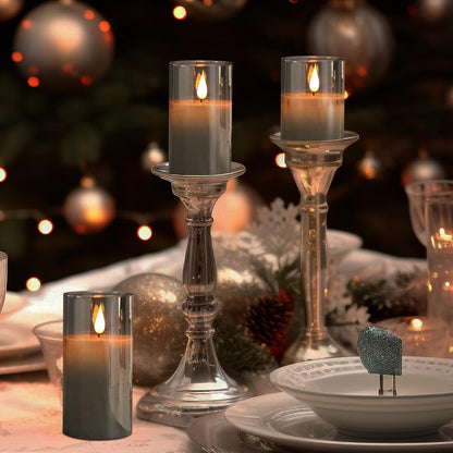 LEDHOLYT Rechargeable Flameless Glass Pillar Candles–Gifts for Women,–Set of 3, Realistic Flickering LED Light,Remote & Timer, Ideal for Living Room, Bedroom & Festival Wedding Home Party Decor