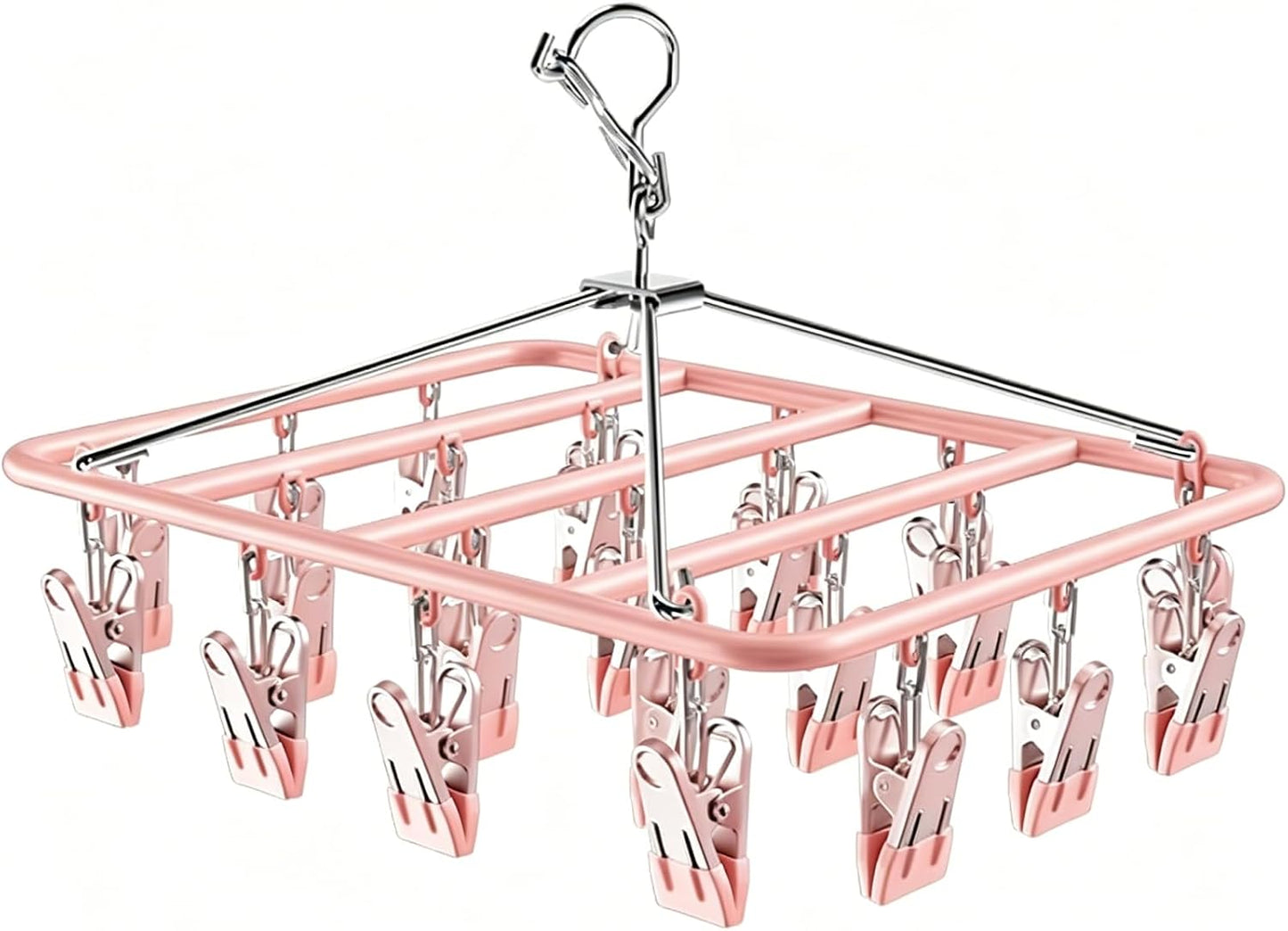 Drying Rack for Sock, Stainless Steel Sock Drying Rack with 23 Clips, Swivel Hook Windproof Hanger for Sock, Laundry, Hat, Scarf, Bras, Towel, Underwear, Pants, Gloves (White)