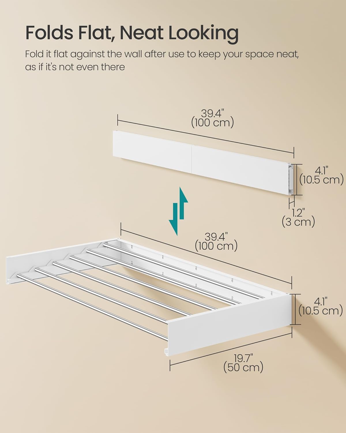 SONGMICS Wall Mounted Drying Rack, Clothes Drying Rack Foldable, 39.4 Inches Wide Laundry Clothes Airer with Wall Template, 6 Fold-Out Aluminum Alloy Bars, Indoor, Matte White ULLR810WE01