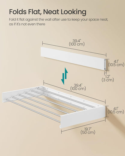 SONGMICS Wall Mounted Drying Rack, Clothes Drying Rack Foldable, 39.4 Inches Wide Laundry Clothes Airer with Wall Template, 6 Fold-Out Aluminum Alloy Bars, Indoor, Matte White ULLR810WE01