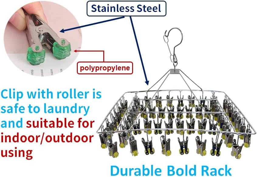 Quick Release Stainless Steel Laundry Drying Rack with Clips, Swivel Hook Wind-Proof Clothes Hanger Rack for Sock, Bras, Underwear, Laundry (Rectangle 30 Clips)