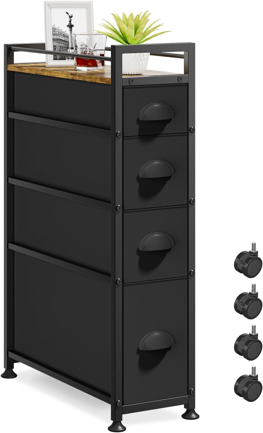 LASZOLA 5 Drawer Narrow Dresser Slim Cabinet Skinny Storage Tower Chest, Ideal for Small Spaces Bathroom, Between Washer and Dryer, Lightweight Mobile on Wheels, Sturdy Fabric Drawers, Black