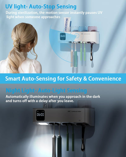 Toothbrush Sanitizer and Holder, Toothbrush Holders for Bathroom, Tooth Brush Wall-Mounted Cleaner Organizer with Auto-Inductive Cover, Air Drying Fits Most Electric, Manual and Kids’ Toothbrushes
