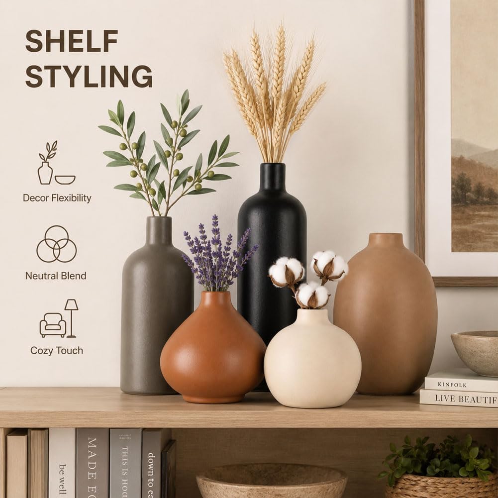 Ceramic Vase Set of 4, Modern Vases Home Decor, Neutral Decorative Vase for Bouquet Pampas Grass Dried Fresh Flowers, Small Vase for Living Room, Kitchen, Bedroom, Bathroom, Entryway Mantel, Decor