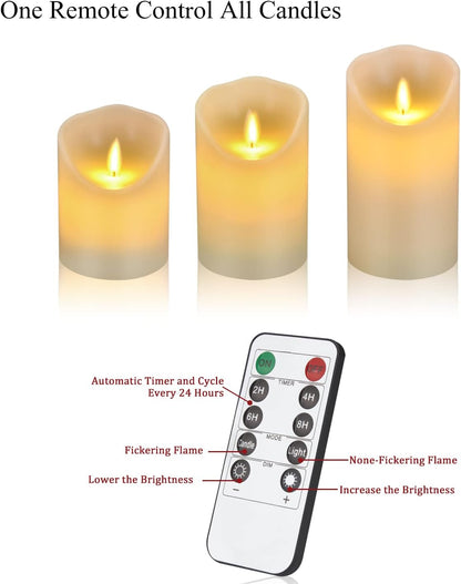 antizer Flameless LED Candles 4" 5" 6" Set of 3 Dripless Real Wax Pillars Include Realistic Flames and 10-Key Remote Control with 24-Hour Timer Function