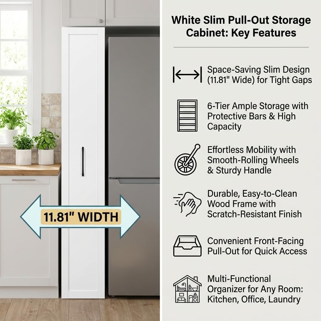 Slim Rolling Storage Cart, 6-Tier Pull-Out Spice Rack with Handle & Wheels, Narrow Kitchen Organizer for Next to Fridge, Pantry, Laundry Room,11.8 Inch Wide Space Saver（Black, With Side Panel)