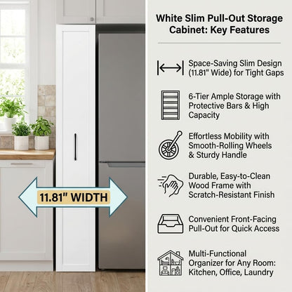 Slim Rolling Storage Cart, 6-Tier Pull-Out Spice Rack with Handle & Wheels, Narrow Kitchen Organizer for Next to Fridge, Pantry, Laundry Room,11.8 Inch Wide Space Saver（Black, With Side Panel)