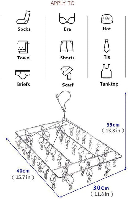 Stainless Steel Sock Drying Rack with 36 Clips, Swivel Hook Wind-Proof Clothes Hanger Rack for Sock, Bras, Underwear, Laundry Accessories