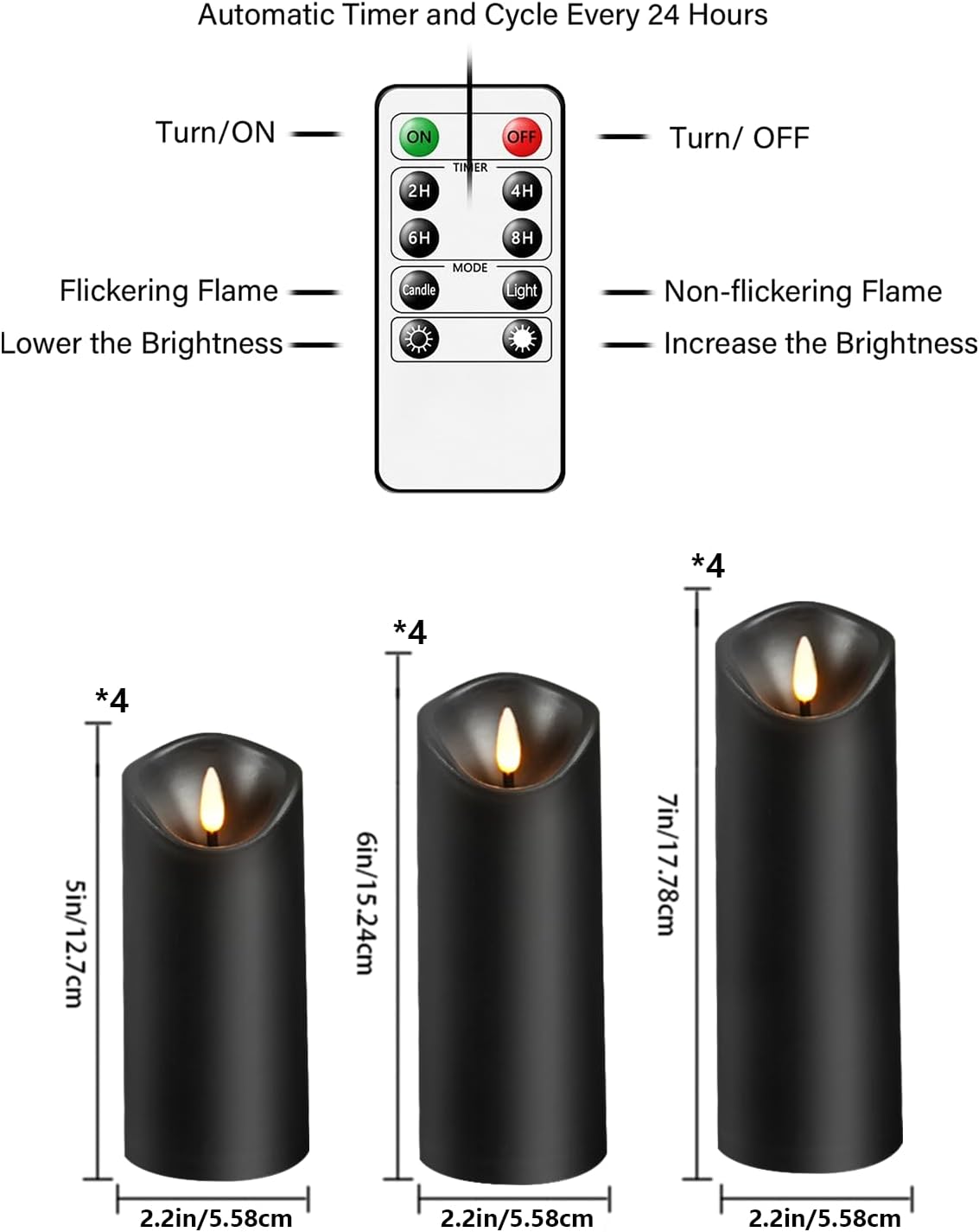 Nimiko Flameless Candles with Remote, Battery Operated Flickering Flameless Candles, LED Candles with Timer 2/4/6/8H, with Realistic LED Candles Set of 9 (D3 x H 3" 4" 5" 6" 7") (White)