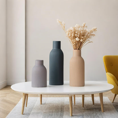 Modern Ceramic Vases Set of 3, Coffee Table Ribbed Decorative Vases, Shelf Table Centerpiece for Home Decor (Coffee Mix)