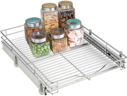DINDON Pull Out Cabinet Organizer, (17" W x 21" D) Heavy-Duty Metal Sliding Drawer Shelf, Bathroom Under Sink Kitchen Cabinets Organizer and Storage Slide Out Shelves, Chrome, 1 Tier, 2 Pack