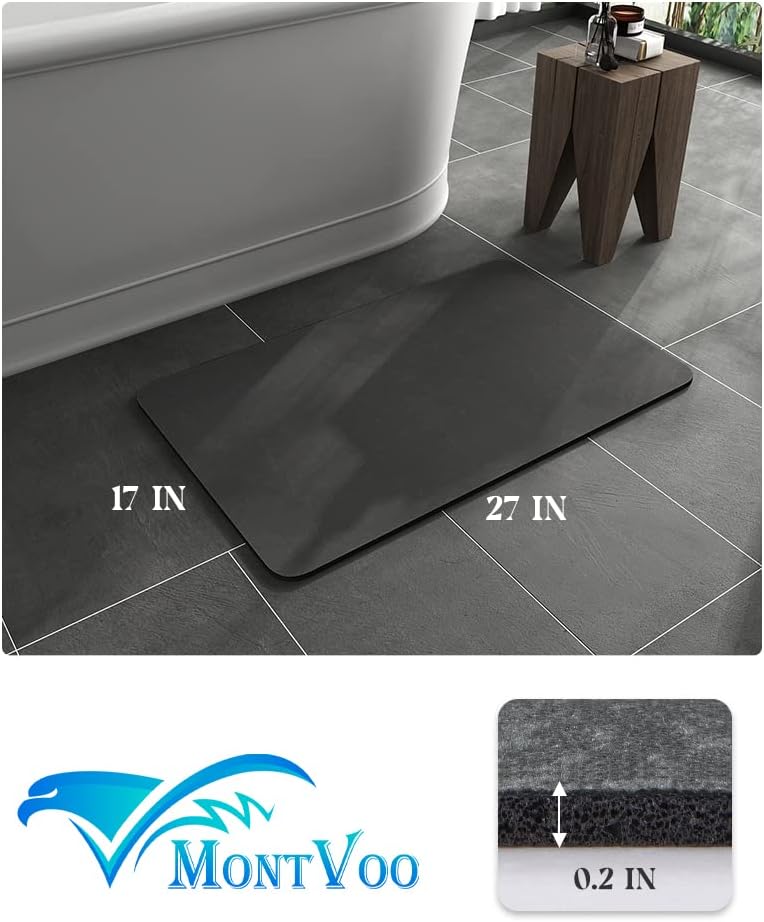 MontVoo -Bath Mat-Rubber Backing Non SlipThin Bathroom Rugs Fit Under Door- Quick Dry Absorbent Faux Suede Surface Grey Bathroom Floor Mats-Shower Rug for in Front of Bathtub Shower Gray 16x24