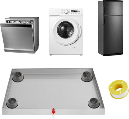 GarveeTech 32 in x 30 in Washing Machine Pan for Washer and Dryer, 304 Stainless Steel Drain Pan, Washer Drip Tray with Drain Hole & Hose Adapte, 4 Pcs Anti-Vibration Washing Machine Feet