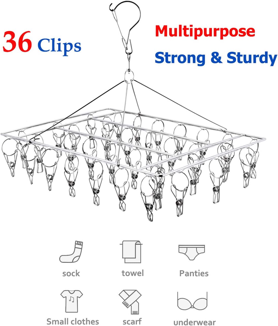 Stainless Steel Clothes Drying Rack with 36 Clips, 1 Pack, 360° Rotating Hanger, Windproof Design for Socks, Underwear, Baby Clothes, Towels, Lingerie, Scarves, Diapers, Laundry Drying Rack