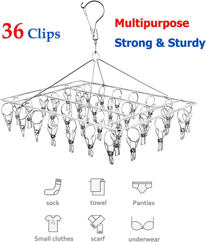Stainless Steel Clothes Drying Rack with 36 Clips, 1 Pack, 360° Rotating Hanger, Windproof Design for Socks, Underwear, Baby Clothes, Towels, Lingerie, Scarves, Diapers, Laundry Drying Rack
