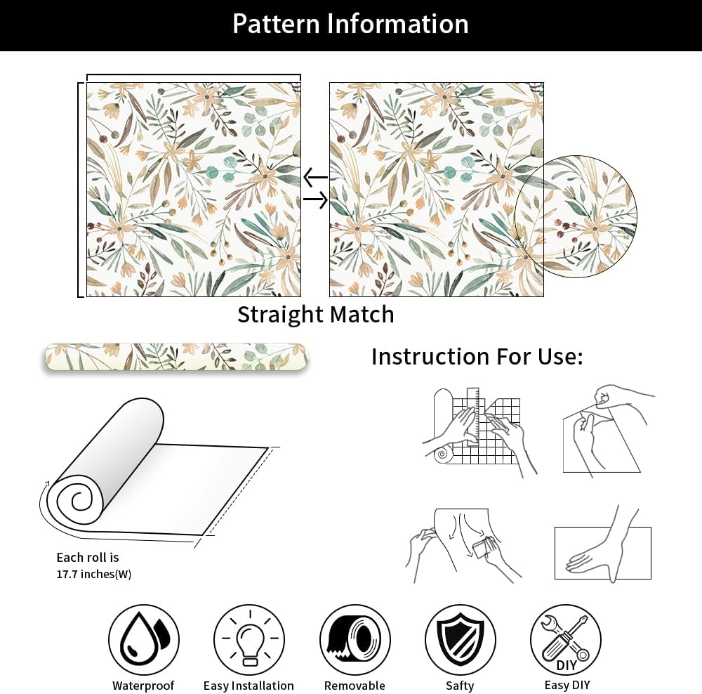 MuralPeel White/Pink/Gold Floral Garden Black Blue Flowers Vintage Peel and Stick Wallpaper Self Adhesive Removable Easy Peel Off Contact Paper Stick on Wall Paper for Bedroom Cabinet Renter Friendly