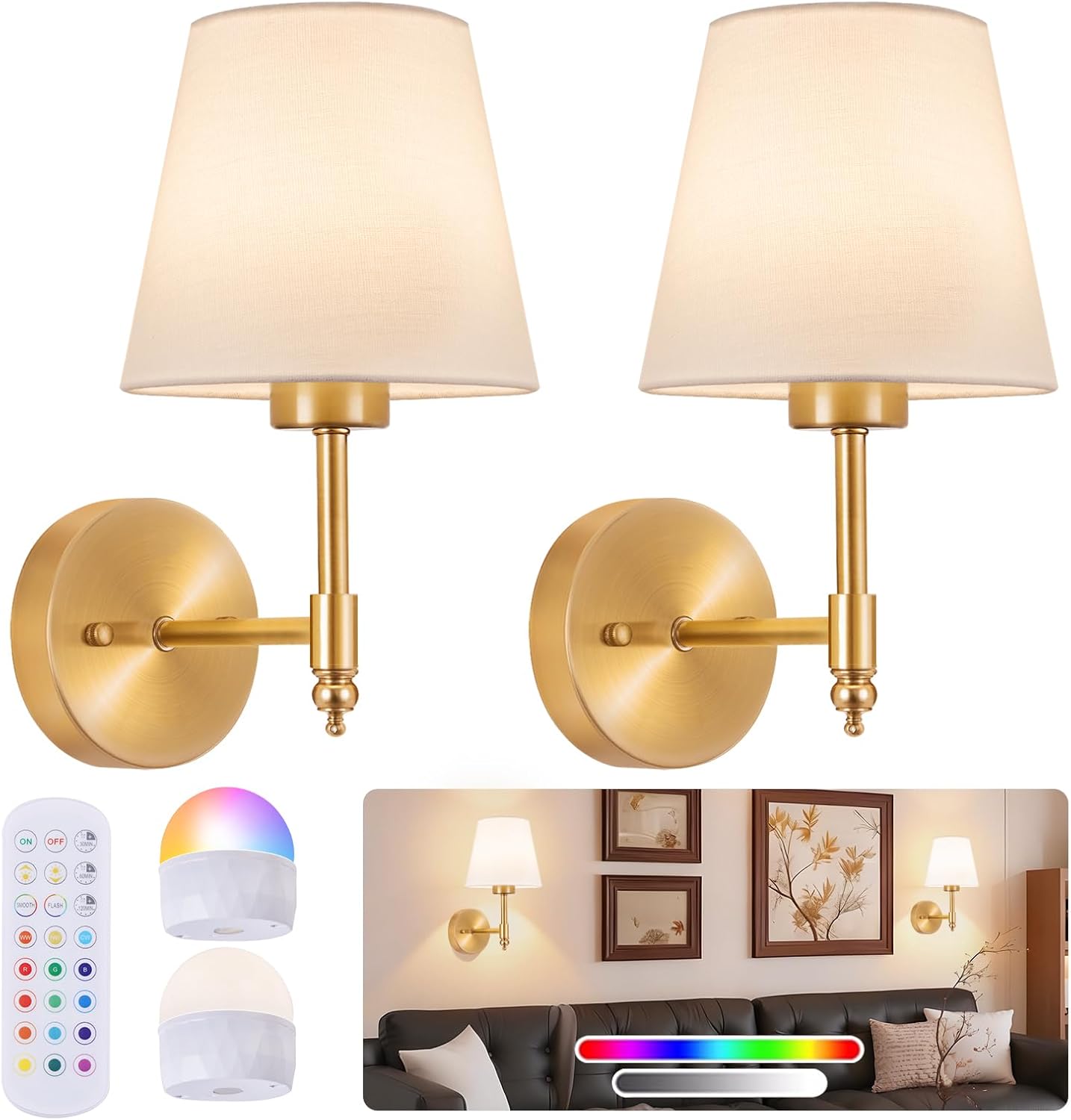 Battery Operated Wall Sconces Set of Two, Rechargeable Wireless Wall Lights with RGB Dimmable Magnetic Bulb and Remote,15 Colors Options Wireless Wall Lamps for Bedroom Living Room Hallway -black