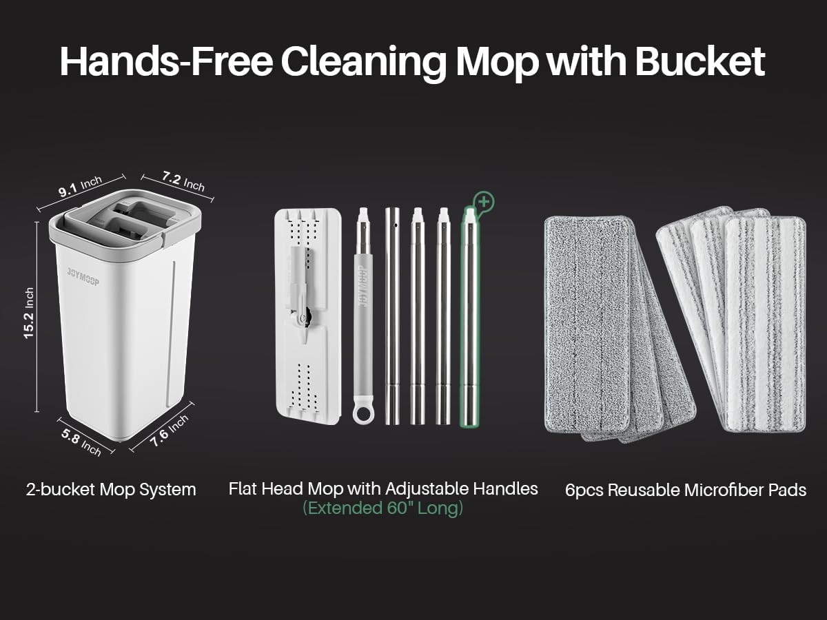 JOYMOOP Mop and Bucket with Wringer Set, Hands Free Flat Floor Mop and Bucket, 60" Mop with 3 Reusable Microfiber Pads, Wet and Dry Use, Floor Cleaning System