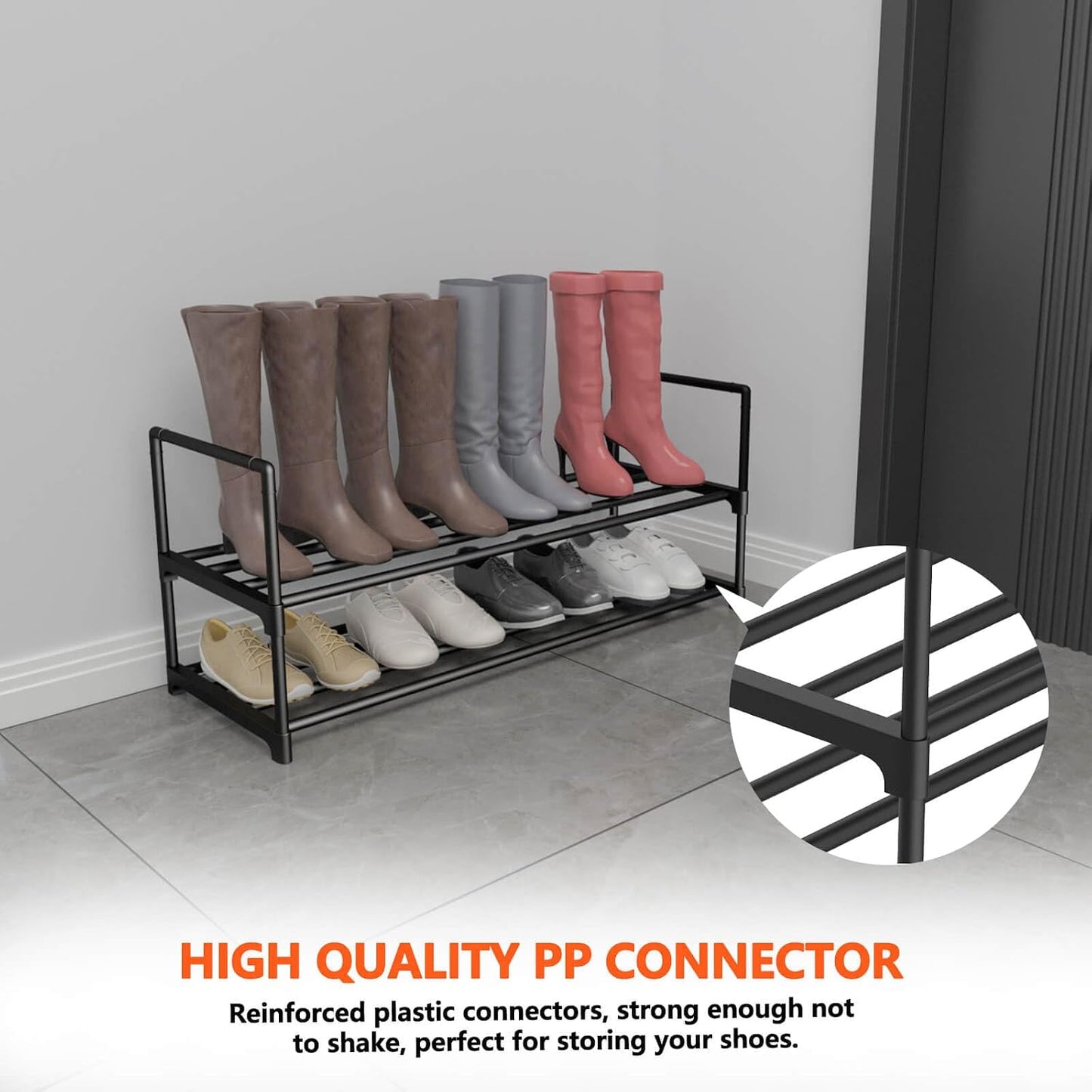 Hsscblet 5 Tiers Metal Shoe Rack,Adjustable Shoe Shelf Storage Organizer with Hooks,Stackable Boot & Shoe Storage,for Entryway,Hallway,Closet,Black