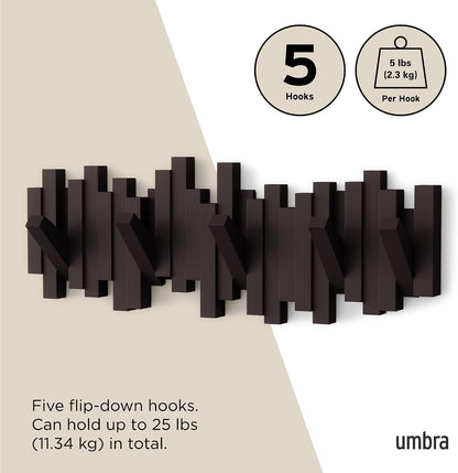 Umbra Sticks Wall-Mounted Coat Rack Rail Hook with 5 Retractable Pegs – Modern, Space-Saving Storage Organizer, Black
