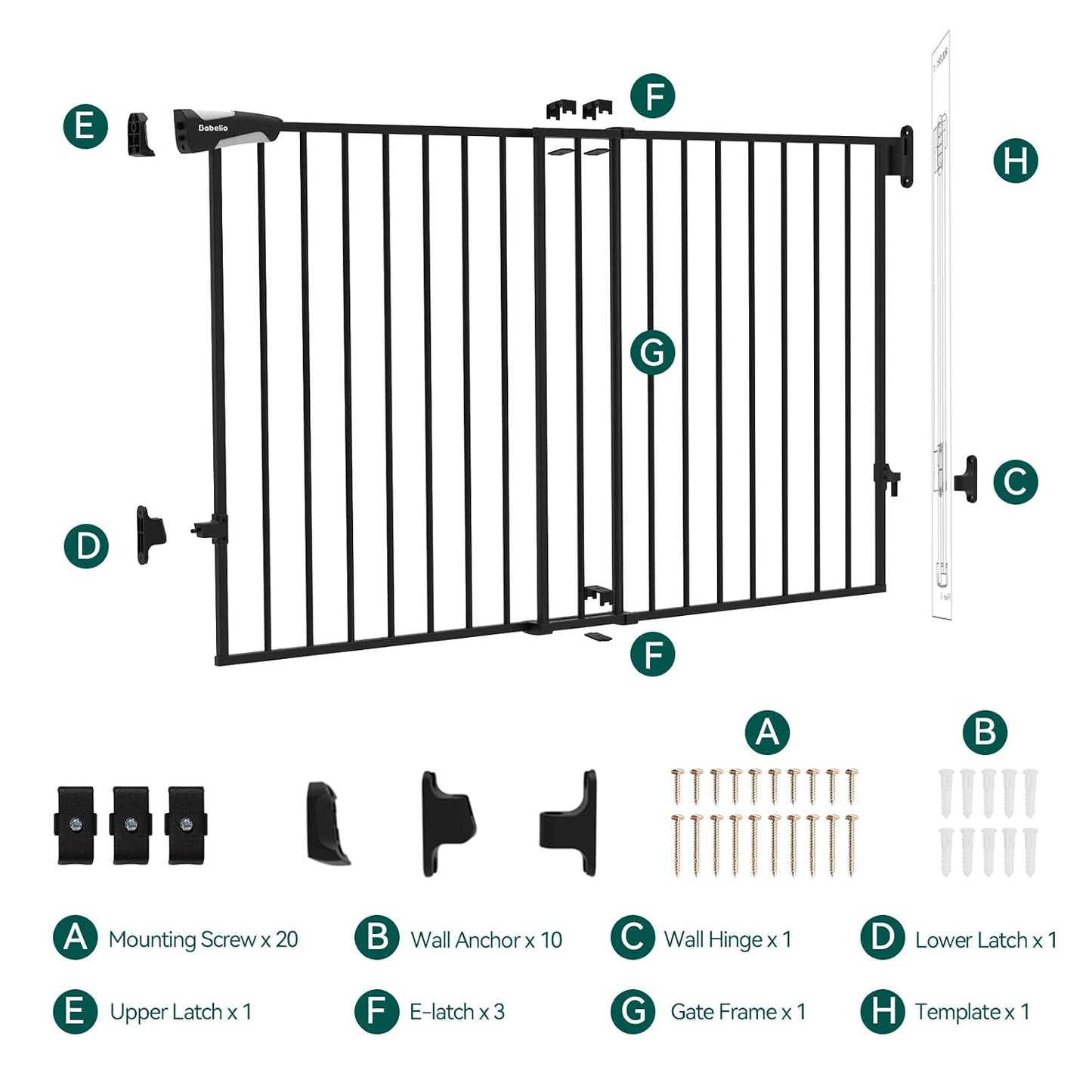 Babelio Baby Gate for Stairs, Kitchen & Doorways, No Bottom Bar| One-Handed Operation| Auto-Close| Hardware Mount (Drill Needed) Safety Dog/Pet Gate (Black - B17, 26-43" W, 28" H)