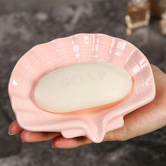 Ceramic Soap Holder, Sea-Shell Soap Tray with Self Draining, Soap Tray for Sink Washroom Bathroom Shower, Small Cute and Elegant Holder with Glaze, Easy Cleaning (White)