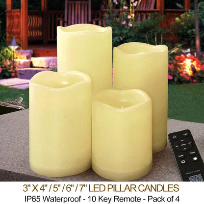 Set of 4 White Outdoor LED Pillar Candles 3x4 3x5 3x6 3x7 with Timer and Remote - IP65 Waterproof Battery Operated LED Pillar Candles - Flickering Flameless Pillar Candles Unscented Outside