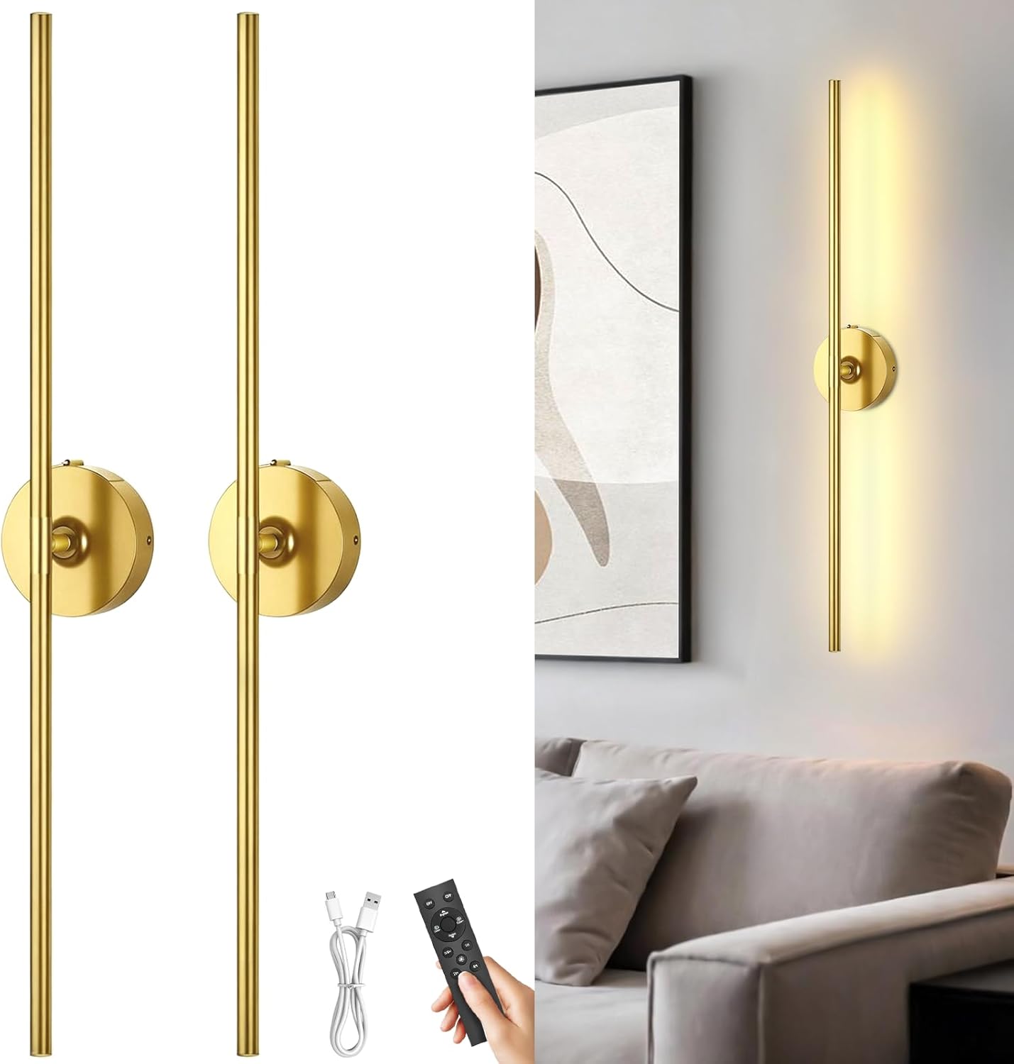 Battery Operated Wall Sconces Set of 2: 10000mAh Rechargeable Wall Lights for Living Room, Dimmable LED Wireless Wall Lamp 360° Rotate Modern Home Decor for Bedroom Hallway Picture Lighting Bathroom