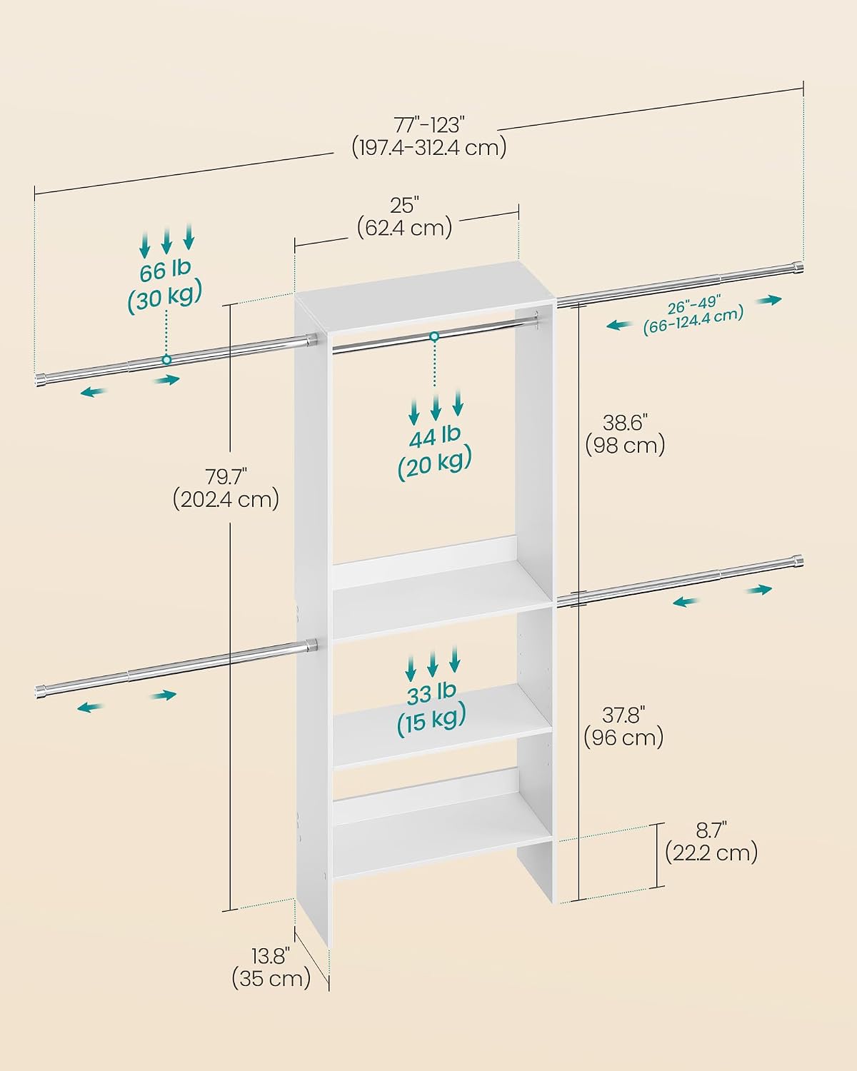 SONGMICS Closet System, Customizable Walk-In Closet Organizer System with Adjustable Hanging Rods and Storage Shelves, White, Fits Spaces 4-9.6 ft URGR040WZ01S