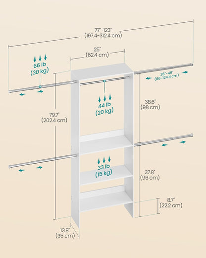 SONGMICS Closet System, Customizable Walk-In Closet Organizer System with Adjustable Hanging Rods and Storage Shelves, White, Fits Spaces 4-9.6 ft URGR040WZ01S