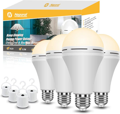 Neporal 4 Pack Emergency-Rechargeable-Light-Bulb, Stay Lights Up When Power Failure, 1500mAh 15W 80W Equivalent LED Light Bulbs for Home, Camping, Tent (E27, with Hook) (Daylight)
