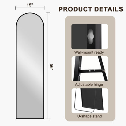 FICTOR Arched Full Length Mirror 15" x 56", Full Body Floor Mirror with Adjustable Stand, Free Standing Mirror with Aluminum Frame for Bedroom, Living Room, Cloakroom, Gold