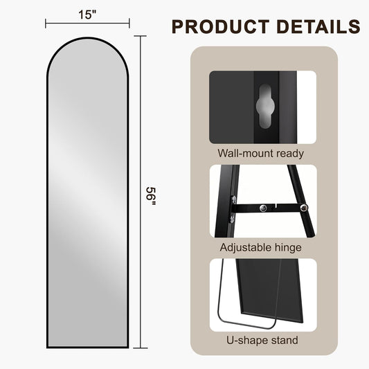 FICTOR Arched Full Length Mirror 15" x 56", Full Body Floor Mirror with Adjustable Stand, Free Standing Mirror with Aluminum Frame for Bedroom, Living Room, Cloakroom, Gold