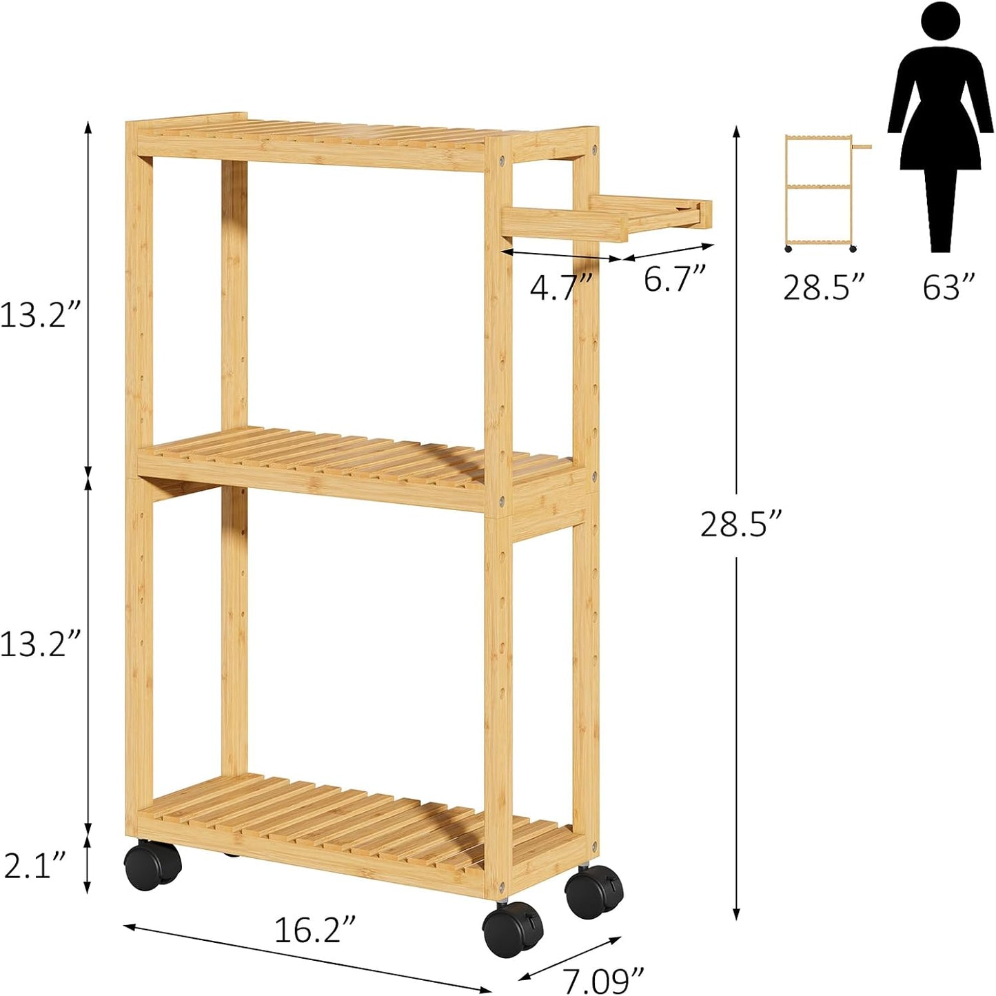 RRX Toilet Paper Holder with 3 Tier,16.14''Dx7.08''Wx28.35''H (Beige) | Small Bathroom Rolling Bamboo Mobile Storage Corner Shelf Cabinet for Narrow Spaces, Freestanding Slim Kitchen Organizer