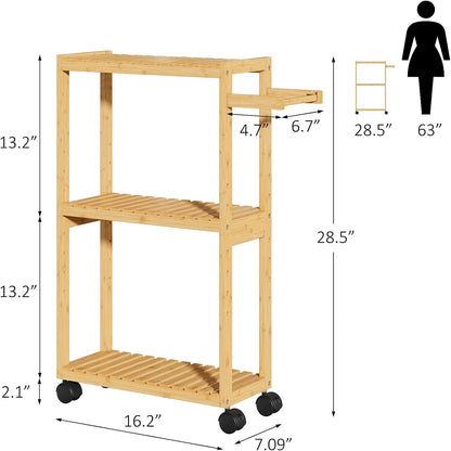 RRX Toilet Paper Holder with 3 Tier,16.14''Dx7.08''Wx28.35''H (Beige) | Small Bathroom Rolling Bamboo Mobile Storage Corner Shelf Cabinet for Narrow Spaces, Freestanding Slim Kitchen Organizer