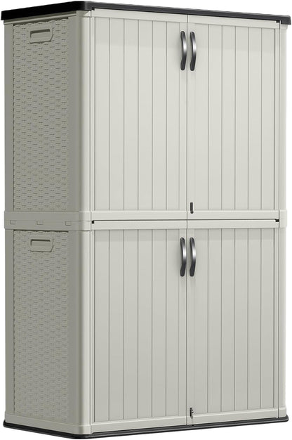 Greesum Outdoor Storage Cabinet, 26 CUFT Deck Box Without Shelves, Waterproof Plastic Storage Shed for Patio Cushions, Gardening Tools, Lockable and Sidehandles, UV Resistant, Beige