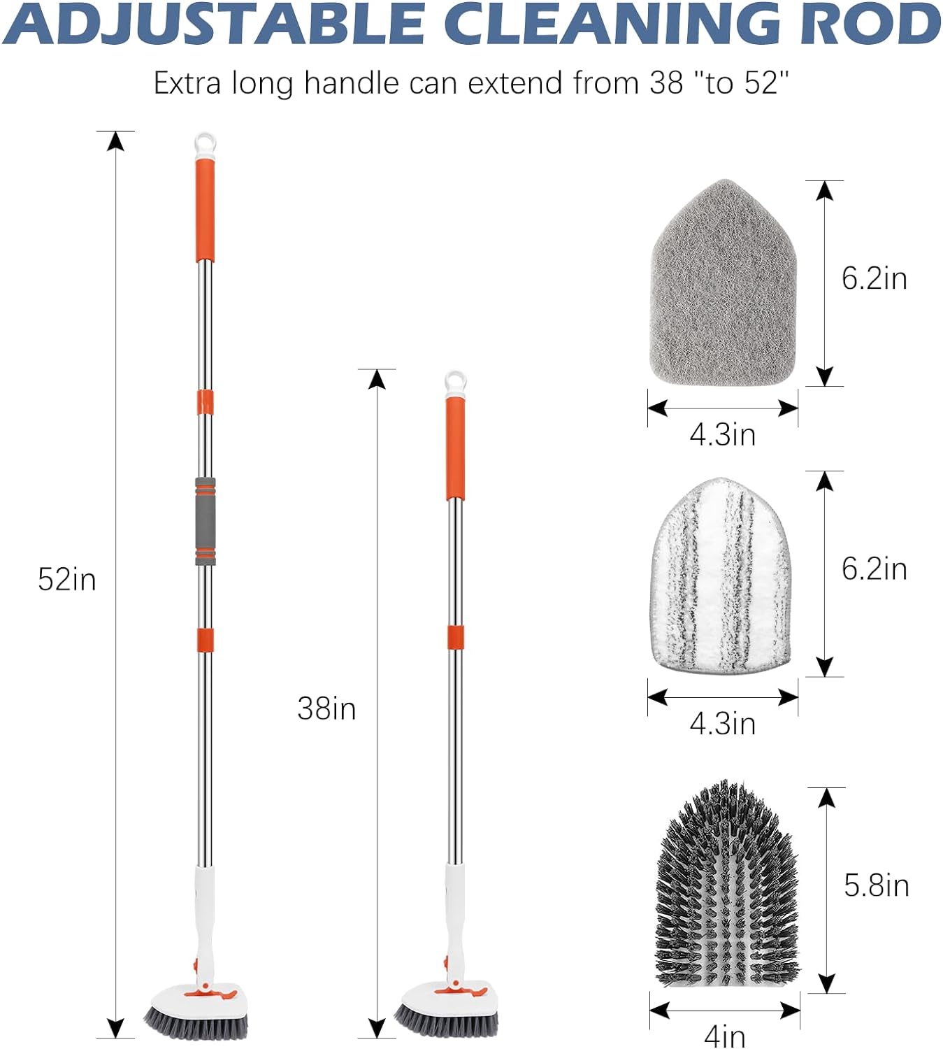 SetSail Tile Tub Scrubber Brush 3-in-1 Shower Scrubber with 52-inch Adjustable Long Handle Shower Cleaner Brush and 3 Detachable Replacement Brush Heads for Cleaning Bathroom Kitchen Walls Tub Tile
