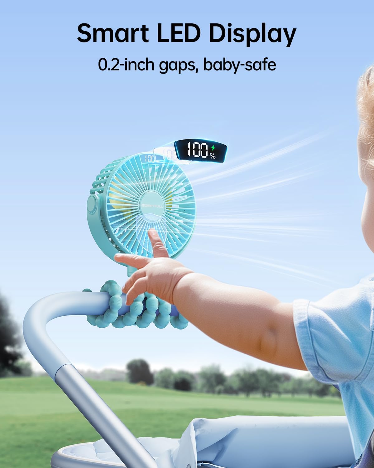 SWEETFULL [2026 Upgrade Portable Stroller Fan with LED Display, 4 Speed Rechargeable Mini Clip On Fan, 360° Rotate Flexible Tripod Better Cooling Small Baby Fan for Car Seat Crib Travel Treadmill