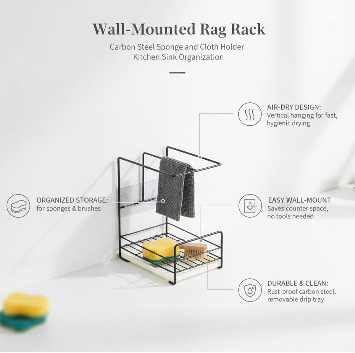 Wall-Mounted Kitchen Rag Rack, Carbon Steel Sponge & Cloth Holder for Sink Side Organization, Space-Saving Drying Rack (Black/White)